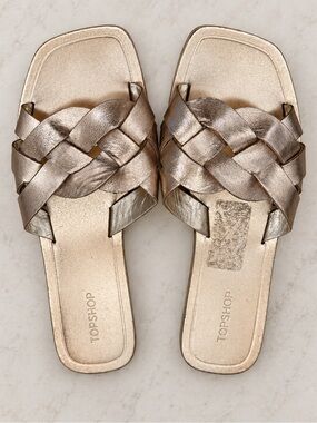 Topshop Metallic Braided Slide Sandals US 7.5/8 EU 38 Square Toe Rose Gold